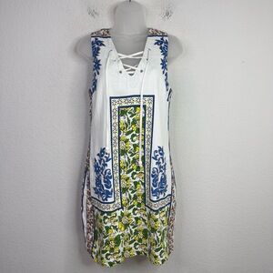 Plenty By Tracy Reese Dress Womens XS Blue Yellow Floral Lace Up Boho Coastal